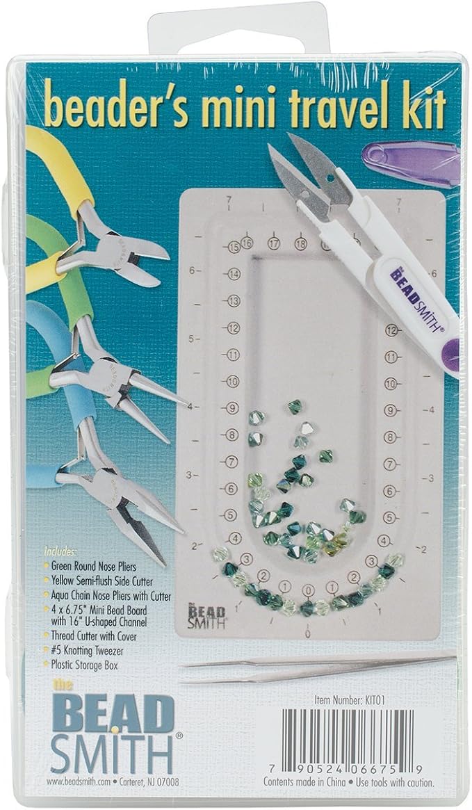 The Beadsmith Beader’s Mini Travel Kit - Color-ID Set – Includes Bead Board, Side Cutter, Round Nose, Chain Nose, Thread Snippers, Tweezers and Storage Box – Tools for Jewelry Making