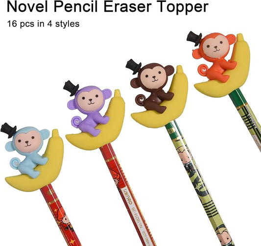 HILAZA 16Pcs Pencil Top Erasers for Kids, 3D Cute Monkey Pencil Toppers, Bulk Fun Pencil Cap Easters for School Classroom Supplies Prize Gifts Party Favors
