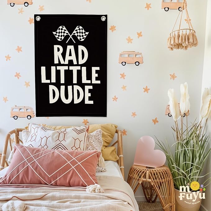 Race Car Room Decor, Rad Little Dude Linen Canvas Banner for Boy Room Decor, Playroom Toddler Boys Bedroom Kidsroom Decor 18x25 Inch