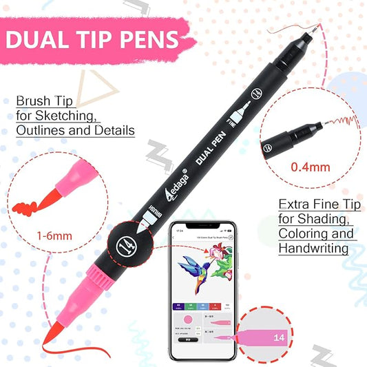 120 Colors Numbered Dual Tip Brush Pens with Free App, Fine and Brush Tips Pens for Adults and Kids, Coloring Markers for Coloring Book Bullet Journaling Note Taking Planner Hand Lettering