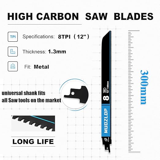 1 Pack 12 inch Reciprocating Saw Blades Set,8 TPI High Carbon Saw Blades for Metal ,Saw Blades with Organizer Case (1, 8T/12inch)