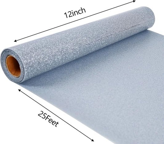 FUNKAKA Glitter Silver HTV Heat Transfer Vinyl Rolls, 12" x 25ft PU Iron on Vinyl for T-Shirt Silver Glitter HTV Vinyl for All Cutter Machines Easy to Cut & Weed for Heat Vinyl Design