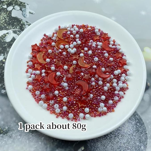 Assorted Glass Beads for Jewelry Making Multi Size Colors Glass Star Moon Seed Pearl Spacer Beads for Bracelets Necklace Earring Making(White Red)
