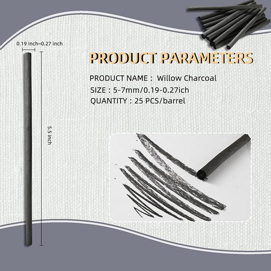 25 PCS Willow Charcoal Sticks, Ideal for Artists, Beginners, Students, Perfect for Sketching, Drawing, Shading, and Fine Art, 5.7 Inches Long, 2-4,4-5,5-7,7-9 (5-7)