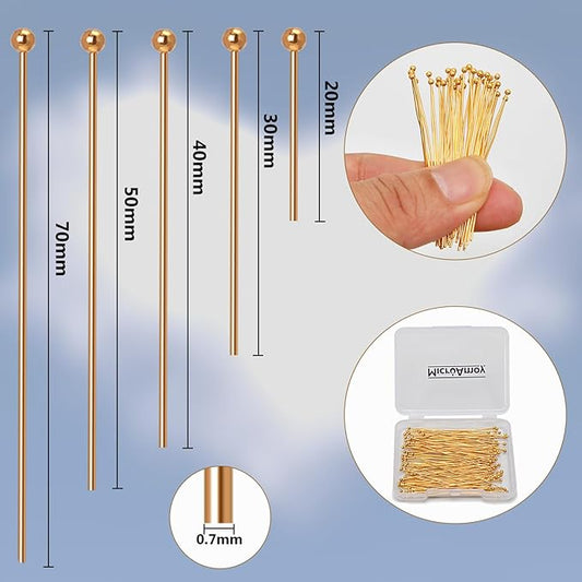 150pcs 18K Gold Filled Ball Pins Non Tarnish Craft Earring Bracelet Jewelry Making Accessories Supplies (40mm (1.57in), Gold-Ball Pin)