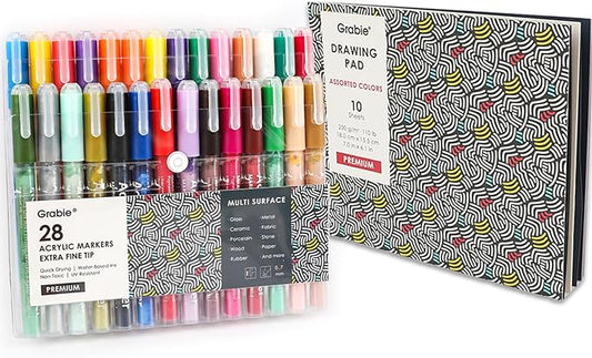 Grabie Acrylic Paint Pens Markers, 28 Colors, 0.7 mm, Extra Fine Tip Drawing Markers, Premium Paint Pens for Painting on Various Surface, Art Supplies, Set of 28