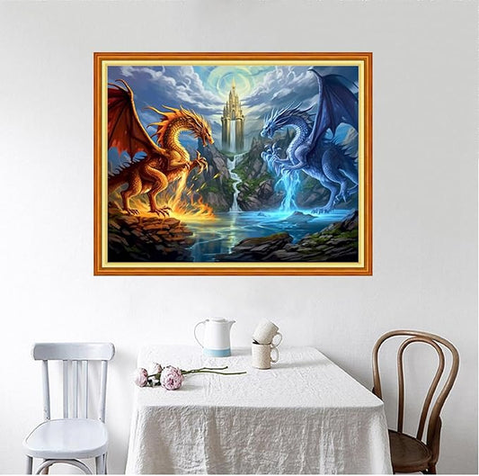 Foxhool Beginners Cross Stitch Kits Stamped Full Range of Embroidery Kits for Adults DIY Cross Stitches kit Embroidery Patterns for Needlepoint kit-Water Fire Dragon 16x20 inch