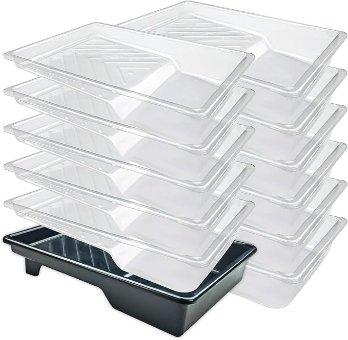Great Andrew 12 Pack Paint Tray Liners 7 Inch, 1 PC Sturdy Plastic Tray with 11 PCS Disposable Paint Tray Liners, Paint Roller Trays, Paint Pan Liners for DIY Painting Projects, Walls, Furniture