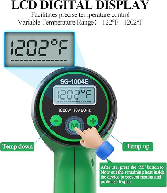 1800W Heat Gun with LCD Digital Display, Variable Temperature Control 122℉-1202℉(50℃- 650℃)with 4 Nozzles for Crafts, Vinyl Wrap, Shrink Tubing (SG-1004E)