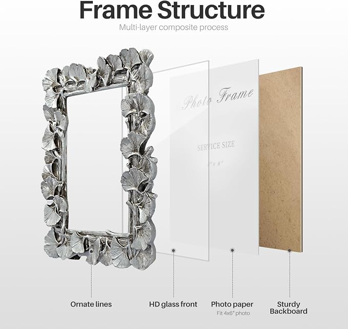 Cuspin 4x6 Silver Picture Frame, Vintage Silver Ornate Leaf Textured - Image 7
