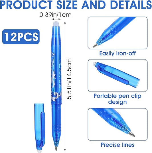 12pcs Heat Erasable Pens for Fabric, Fabric Marking Pens Fabrics Markers No Ghost Lines, Disappearing Ink for Precise Marking for Quilting Sewing Embroidery DIY Dressmaking Fabrics Tailors Chalk