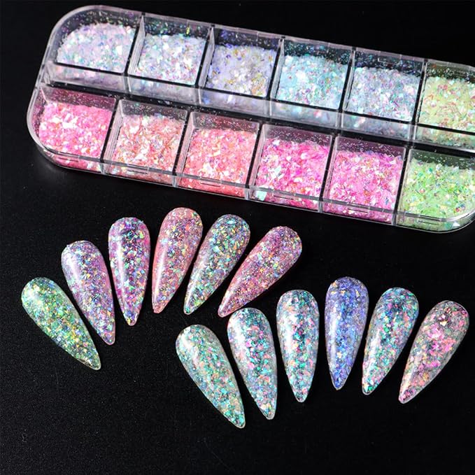 12 Colors Irregular Ice Nail Art Glitter Sequins 3D Holographic Mermaid Flakes Chameleon Confetti Iridescent Chunky Glitter for Face Make-Up Beauty Decorations