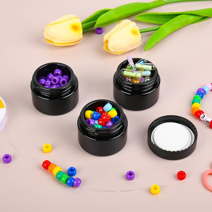 Glass Jars with Lids,Eco-Friendly Cosmetic Containers with Airtight Black Lids & Liners, Multi-Color Options for Cream, Lotion, Body Butter, DIY Skincare Travel Jars (Black, 1oz)