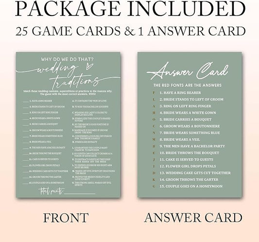 Bridal Shower Games Cards, Wedding Traditions Why Do We Do That, 25 Game Cards with 1 Answer Card, Engagement Party Wedding Games for Guests, Minimalist Green Wedding Party Supplies - C08