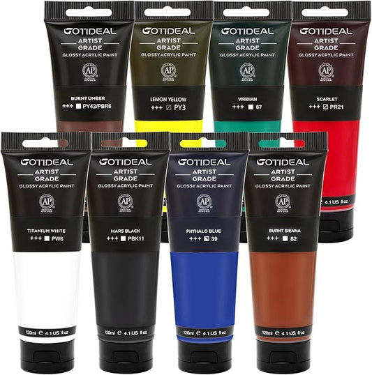 GOTIDEAL Craft Acrylic Paint Set,8 Primary Colors((120ml,4 oz) Rich Pigments Non-Toxic Washable, Professional Paint for Pouring on Canvas, Rocks, Ceramic, Fabric, Leather, Ideal for Artist, Adults
