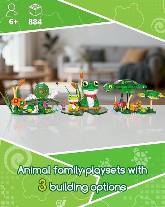 3 in 1 Animals Frog Family Building Set - Animal Figures with 3 Building Options, Create Frog, Turtle or Snail Family - Educational Toy Birthday Gift for Girls and Boys Ages 6+