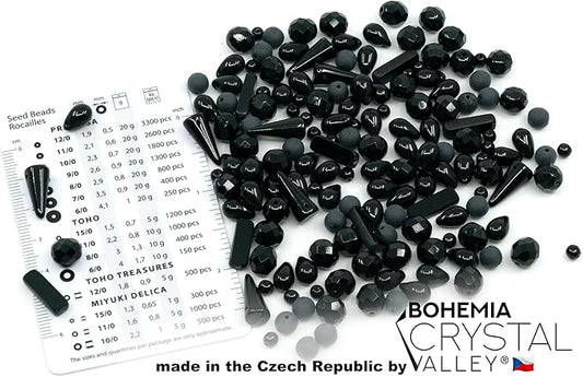 2.1oz (60g) of Glass Bead Mix with Drops, Table-Cut and fire Polish Czech Beads, Glossy & Matte Black