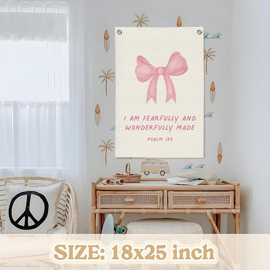 Bible Verses Wall Decor,Pink Coquette Bow Linen Canvas Banner,Christian Wall Art I Am Fearfully And Wonderfully Made Wall Hanging Flag for Kids Girl Bedroom Living Room Dorm 18x25 Inch