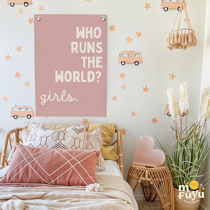 Girls Room Decor for Nursery Decor Linen Canvas Banner,Pink Who Runs The World Girl,Inspirational Wall Hanging Flag Banner for Baby Kids Girl Bedroom Dorm 18x25 Inch