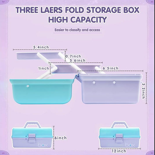 12in Three-Layer Multipurpose Storage Box Organizer Folding Tool Box/Art & Crafts Case/Sewing Supplies Organizer/Medicine Box/Family First Aid Box with 2 Trays (Purple Blue)