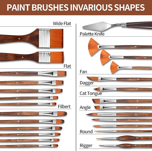 29 pcs Paint Brush Set,GETHPEN Acrylic Paint Brushes,Artist Series with Wide Flat,Round, Filbert, Flat, Fan,Angle,Dagger,Cat Tongue,Detail Brush,Rigger for Oil,Acrylic Canvas Paintings,Face Painting