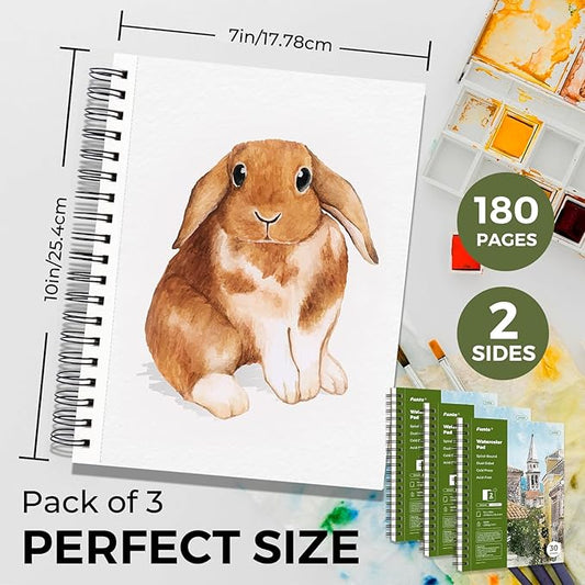 Funto Watercolor Pad 10x7, 3-Pack, 90 Sheets, 140 lb/300 GSM, Double-Sided, Cold Press, Spiral Bound, Heavyweight Paper for Watercolor Painting