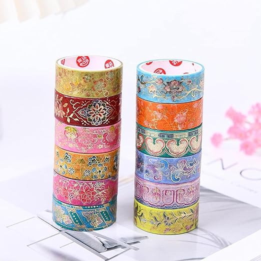 12 Rolls Vintage Washi Tape Set, Gold Foil Decorative Masking Tape for Scrapbooking, Bullet Journal, Planner, DIY Crafts, Gift Wrapping