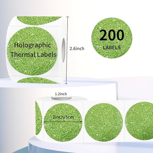 2" Holographic Thermal Label Stickers, Round Direct Thermal Label Stickers, Glitter Thermal Printer Sticker Labels for Gift Wrapping, Self-Adhesive Custom Logo Design-Glitter Green
