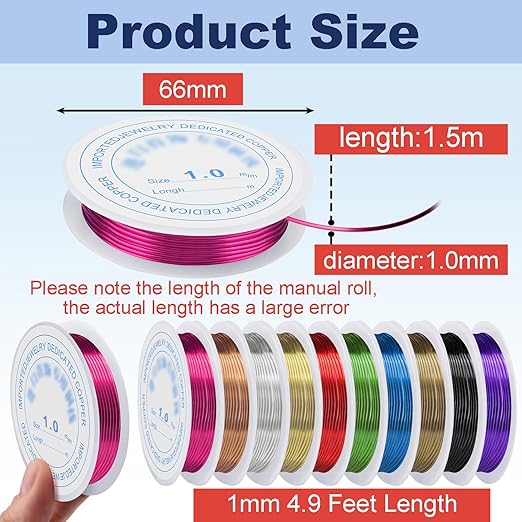 1 mm Dia. 10 Rolls Copper Jewelry Wire, 10 Assorted Colors Beading Wire for Jewelry Making Bracelet Earrings Rings Necklaces Flower Craft Projects