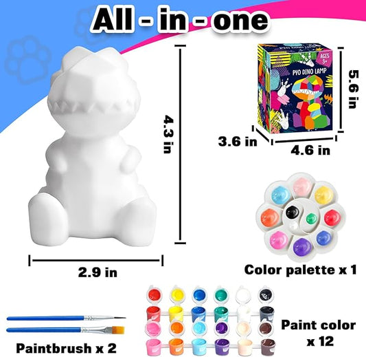 FUNZBO 4.3in Paint Your Own Dinosaur Lamp Kit - Halloweens Arts and Crafts Supplies Painting Kit for Kids Teens, DIY Night Light Dinosaur Toys for Boys Girls 3 4 5 6 7 8 9 10 11 12 13 Birthday Gifts