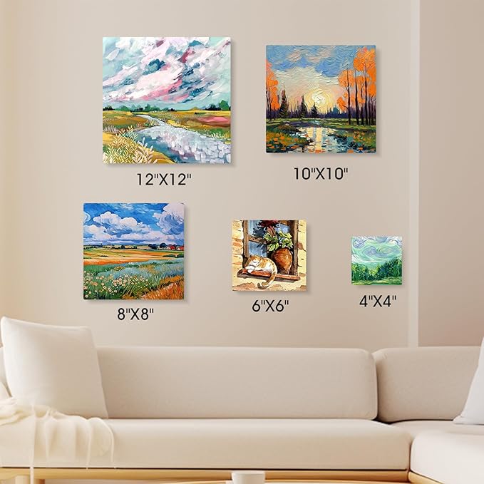 FUMILE Stretched Canvas for Painting Multi 5 Pack Square Canvas 4x4,6x6,8x8,10x10,12x12(1 of Each), Cotton Primed Acid Free Blank Canvases for Oil Paint, Acrylic Paint, Gouache and Tempera.
