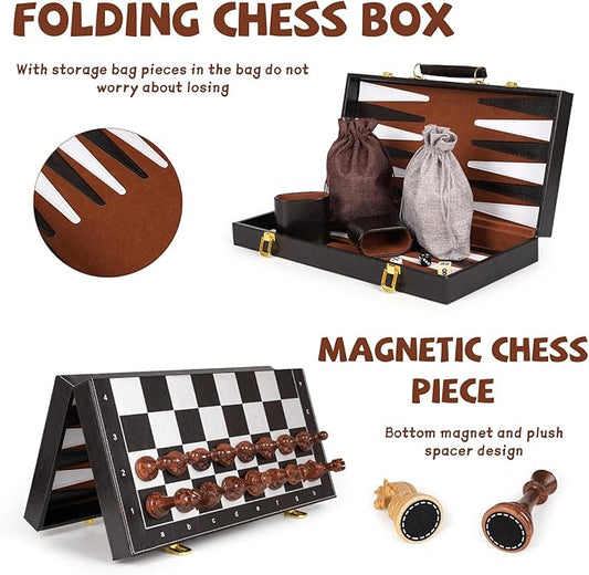 Chess Checkers Backgammon Set 3-in-1 Board Games Sets for Kids & Adults,15" Folding Magnetic Chess Set Leather Chess Board Strategy Game Portable Travel Chess Game with Magnetic Chess Pieces