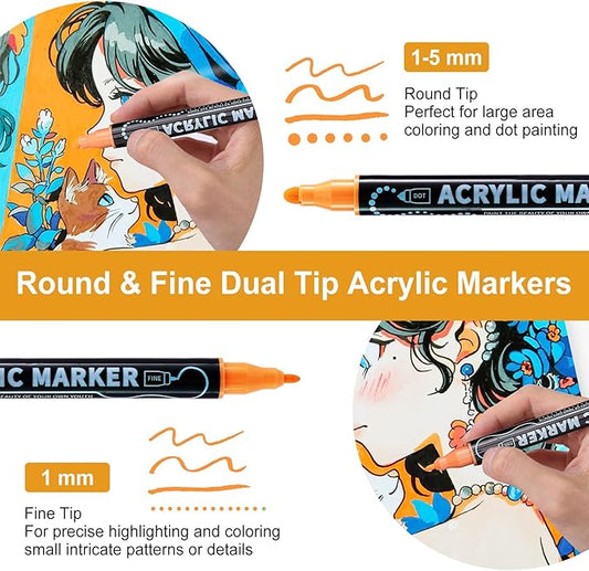 120 Colors Waterproof Dual Tip Acrylic Paint Pens, Dot & Fine Tip Premium Coloring Drawing Markers Set for Wood, Rock, Canvas, Glass, Ceramic Surfaces and DIY Crafts Making Art Supplies