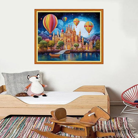 Foxdiviy Stamped Cross Stitch Kits for Beginners Full Range of Cross Stitching 11 CT Printed Cross Stitch Kits for Kids Adults Cross Stitch Patterns Needlepoint Kits-Castle hot air Balloon 16x20 inch