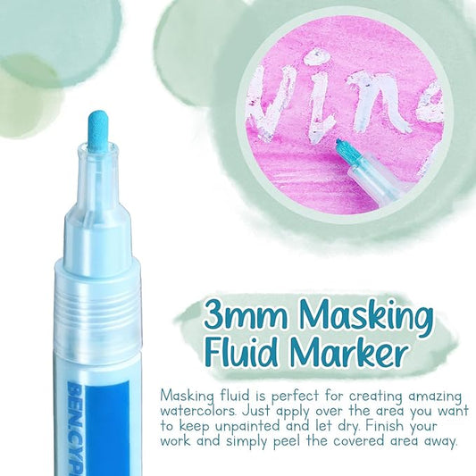 2 Pcs Masking Fluid Pen for Watercolor Painting, Capacity with Applicator Tip, Masking Fluid Marker for Various Art Projects Watercolor Ink(Blue,3mm)