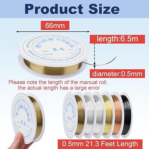 0.5 mm Dia. 6 Rolls Copper Jewelry Wire, 5 Assorted Colors Beading Wire for Jewelry Making Bracelet Earrings Rings Necklaces Flower Craft Projects