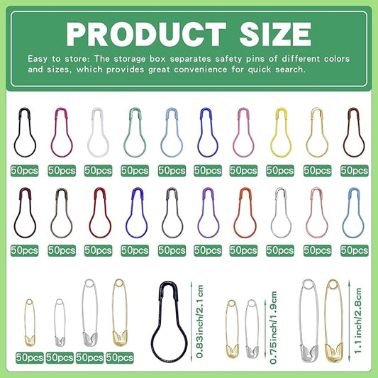 1200 Pcs 22 Colors Metal Safety Pins,Bulb Gourd Pins Pear Shaped Pins for Knitting Stitch Markers, Sewing Clothing DIY Craft Making with Storage Box