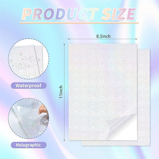 20 Sheets Holographic Sticker Paper,8.5x11 Inch Clear Printable Vinyl Sticker Papers,Self-Adhesive Waterproof for Inkjet/Laser Printer(Clear Heart)