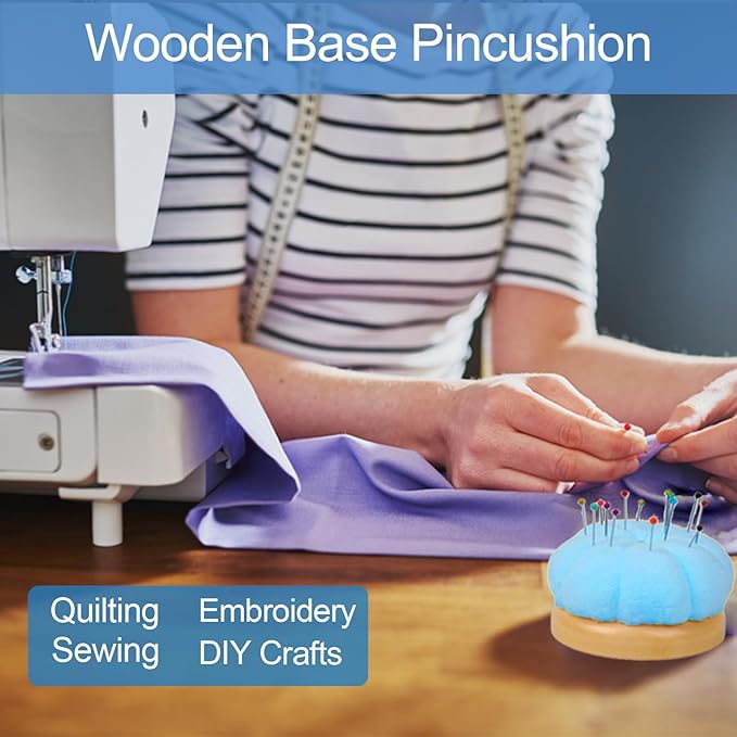 Hilltian Pin Cushion for Sewing, Wooden Base Sewing Pincushion with 100 Plastic Head Pins, Cute Pins Holder for Sewing Quilting, Light Green (Sky Blue)