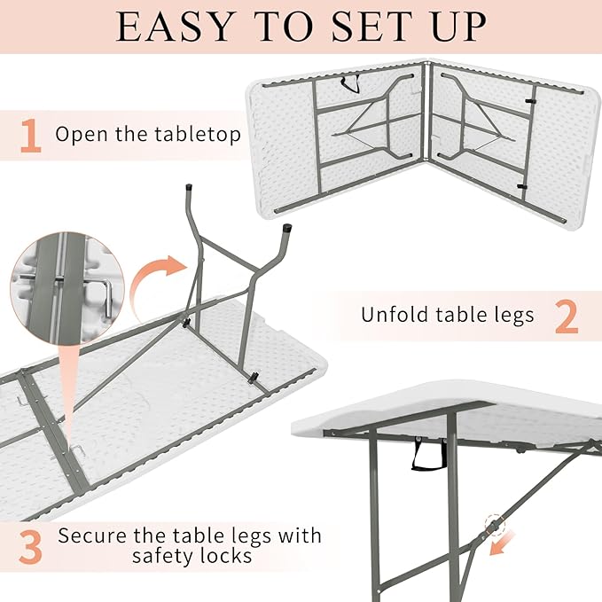 Folding Tables with Carrying Handle Heavy Duty Rectangular Portable Plastic Camping Table Steel Legs for Party, Dining, Wedding, Events, Picnic Indoor, Outdoor (8FT, White)
