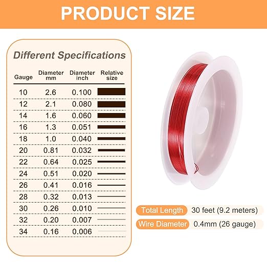 HARFINGTON 30ft Jewelry Wire, 26 Gauge (0.4mm) Brass Craft Soft Metal Tarnish Resistant Copper Beading Wire for Jewelry Making Supplies Crafting, Bright Red