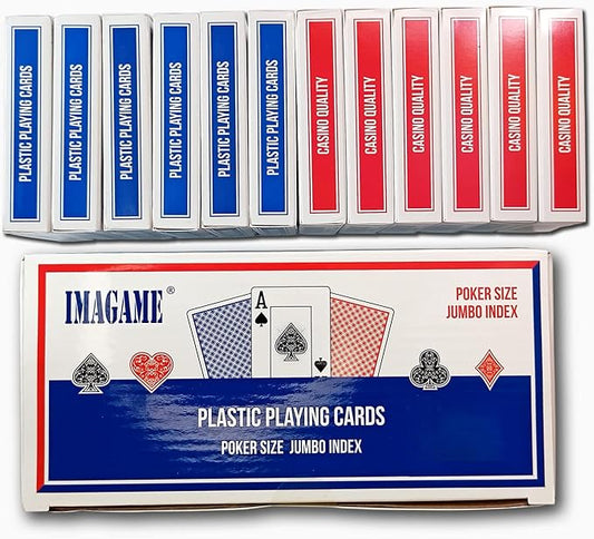 Plastic Playing Cards, Poker Size, Excellent Quality, Jumbo Index, Waterproof & Washable, Perfect for Texas Hold’em Poker, 6 Blue Deck & 6 Red Deck