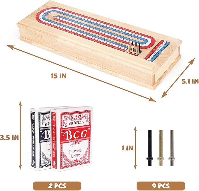 Wooden Cribbage Board Game Set with Storage Drawer & Metal Pegs – Premium 3-Track Cribbage Board with Cards, Portable Travel Strategy Game for Adults, Kids & Family Game Night