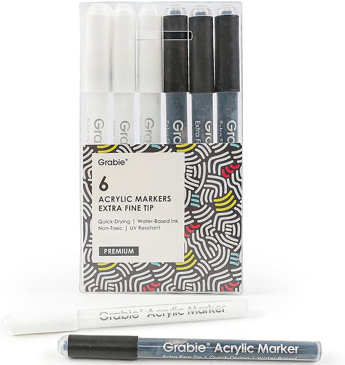 Grabie Black&White Extra Fine Tip Acrylic Paint Marker Set, 6 Pack, 0.7mm Acrylic Paint Pens for Highlights, White Highlight Markers