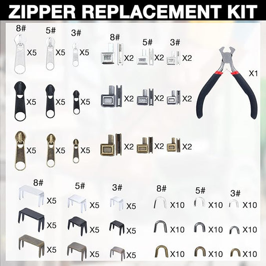217 Pieces Zipper Repair Kit Replacement, Zipper Pulls, Head Slider, Installation Tools, Stopper Slider Repair Tool Kit for Metal Plastic Nylon Coil Jacket Zippers (Size 8/5/3)