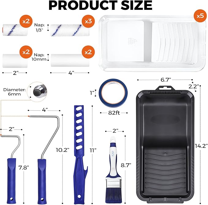 20pcs Small Paint Roller Kit, 4“ 2” Mini Roller Paint Brush with Special Caved-in Edge Foam, Microfiber Rollers and Versatile Paint Tray for Painting Walls, Cabinet, Touch up