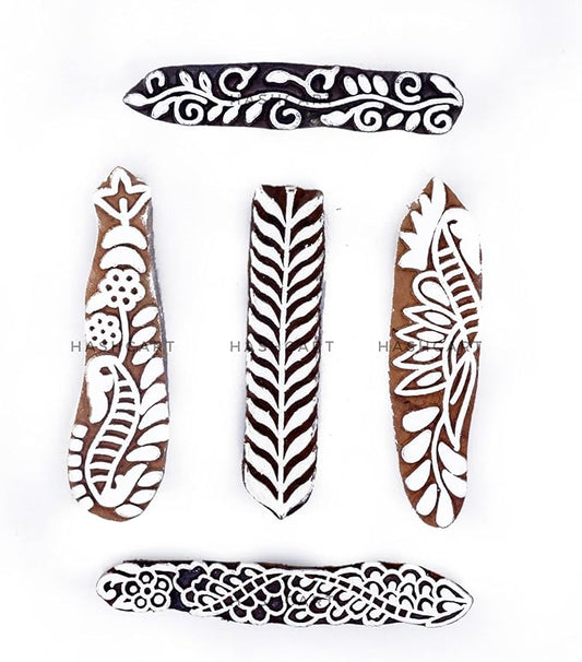 HASHCART® Pottery Printing Blocks Stylish Border Pattern Wooden Stamps (Set of 5) Handcarved Indian Textile Printing Blocks, Wooden Clay Stamps for Crafting on Fabric, Card