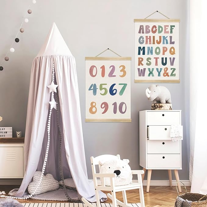 2-Pack Alphabet and Number Posters for Kids,Modern ABC and 0-10 Wall Chart Set on Natural Linen,Educational Decor for Toddlers, Preschool Classroom, Nursery, Playroom 14x18.5In (ABC+123)