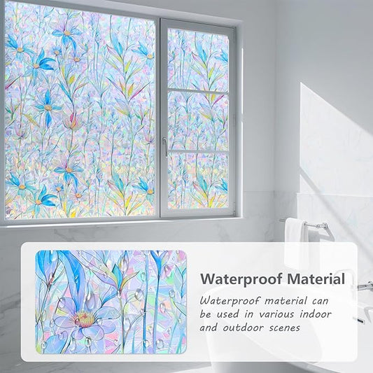 FINNEZ Window Privacy Film Stain Glass Film Flowers Rainbow Window Film Window Clings Non-Adhesive Reusable Decorative for Home(Blue Lotus,23.6 Inch x 6.5 Feet)