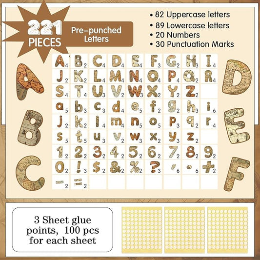 221 Pcs Bulletin Board Letters Round Alphabet Number Punctuation Symbol Combo Letter Cutouts Classroom Decoration for School Classroom Chalkboard Poster Board(World Map Round)